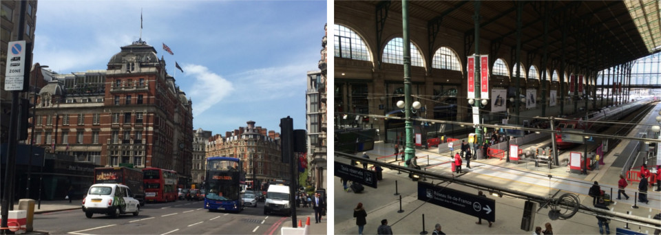 写真左：ユーロスターでロンドンへ＠パリ北駅　写真右：イギリスの雰囲気ありますね～