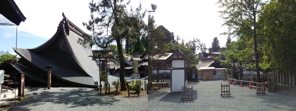 写真左：避難所だった益城総合体育館。地震後の駐車場はテントと車で溢れていた 写真右：仮設住宅