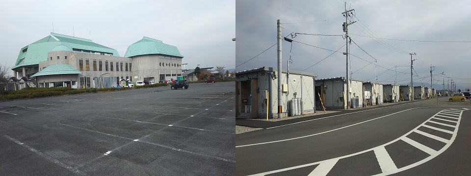 写真左：避難所だった益城総合体育館。地震後の駐車場はテントと車で溢れていた 写真右：仮設住宅