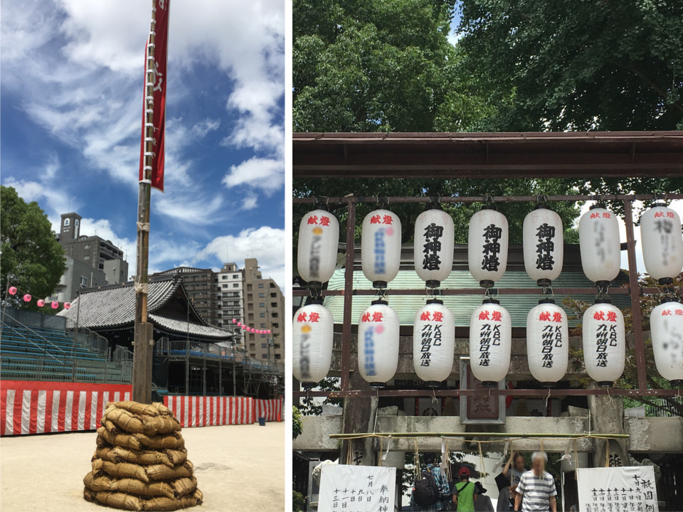 写真左：｢追い山笠｣で、それぞれの山がこの柱を周って外に走りだします。

写真右：櫛田神社前、たくさんの提灯が山笠を盛り上げます。